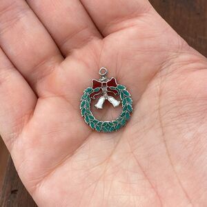 Vintage 925 Sterling Silver Enamel Christmas Wreath Bow Bell Bracelet Charm